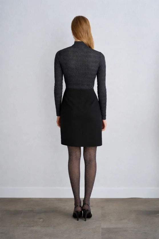 High Neck Textured Knit Blouse - Navy Blue - 5