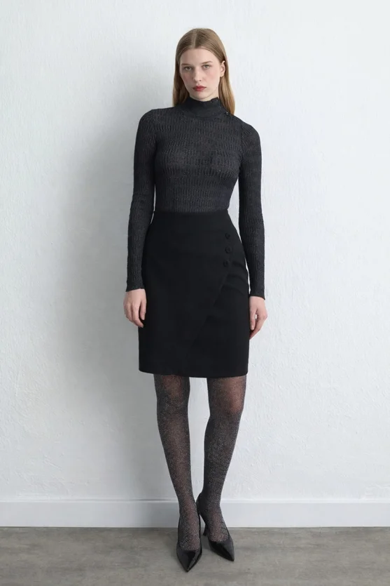 High Neck Textured Knit Blouse - Navy Blue - 1