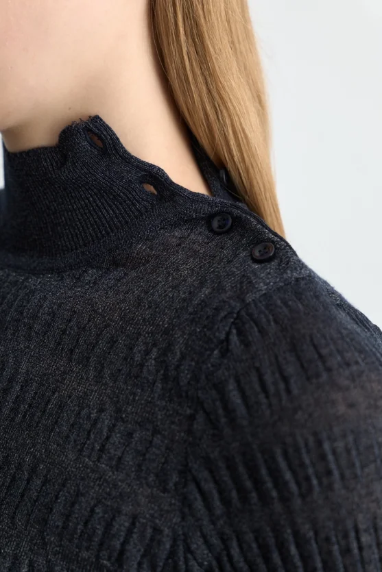 High Neck Textured Knit Blouse Navy Blue - 4