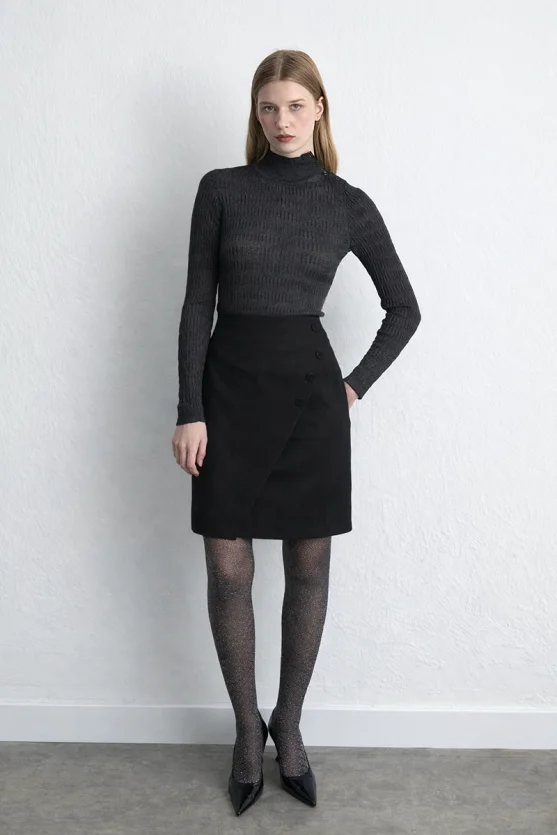 High Neck Textured Knit Blouse Navy Blue - Gusto