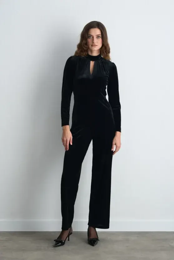 High Neck Velvet Jumpsuit - Black - 1