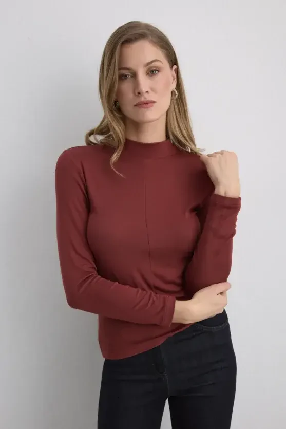 High-Neck Viscose Lycra Blouse - Brick - Gusto