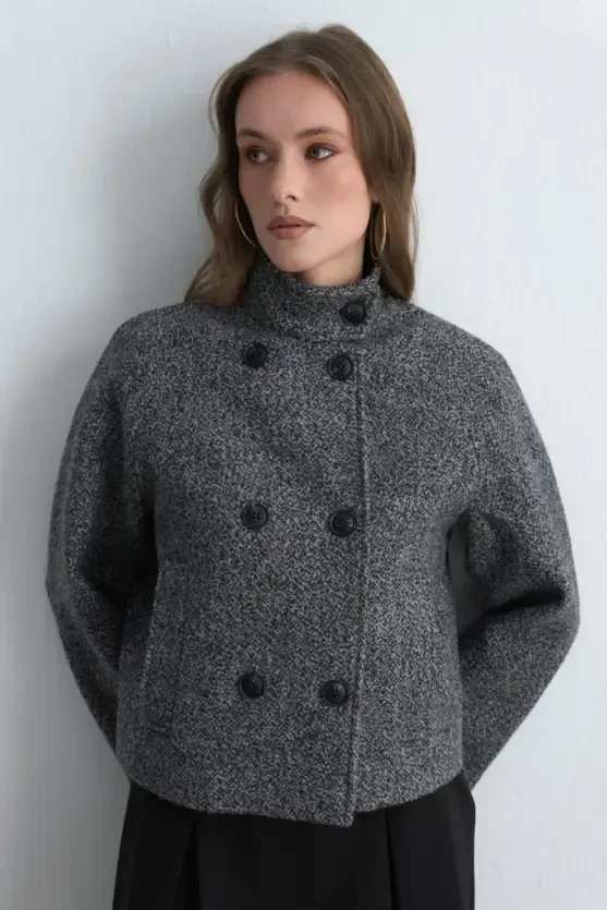 High Neck Wool Blend Jacket - Black - 5