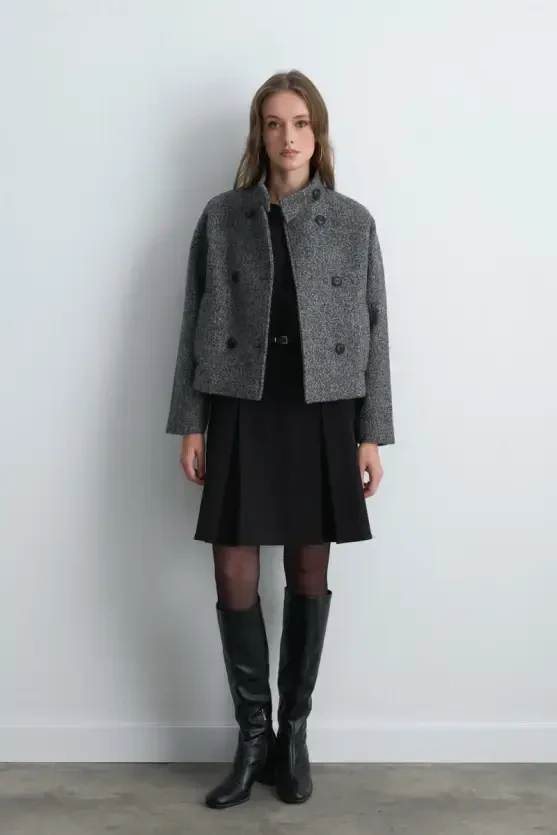 High Neck Wool Blend Jacket - Black - 6