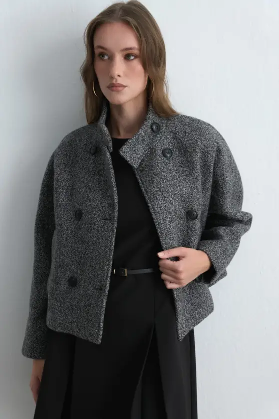 High Neck Wool Blend Jacket Black - 8