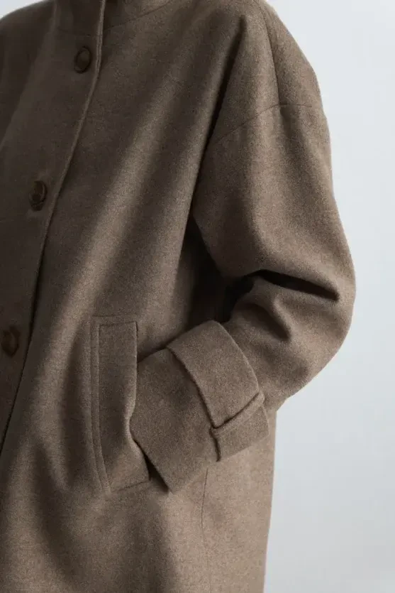 High Neck Wool Coat - Beige - 3