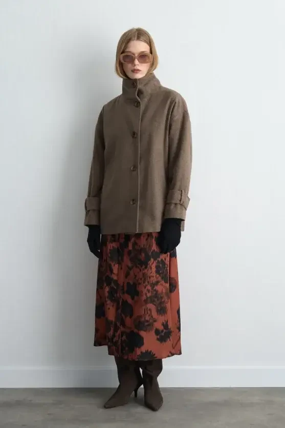 High Neck Wool Coat - Beige - Gusto