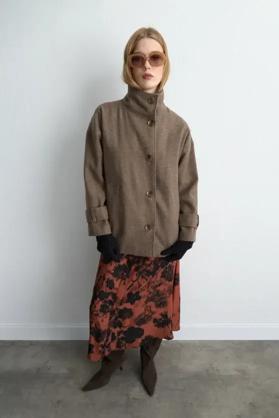 High Neck Wool Coat - Beige - Gusto