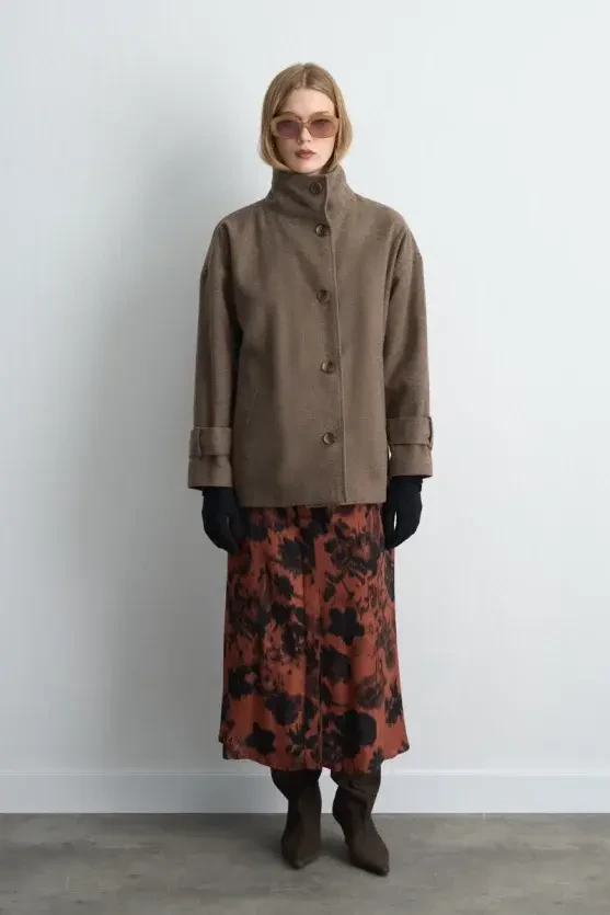 High Neck Wool Coat - Beige - 1