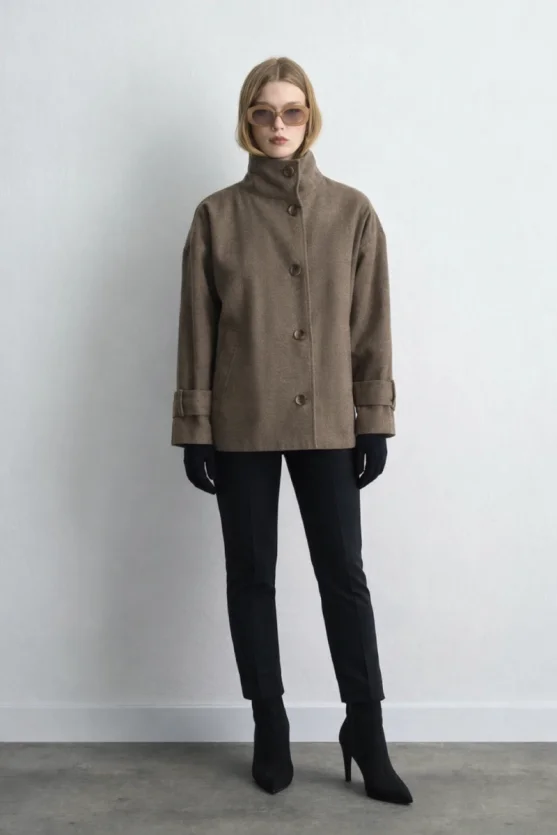 High Neck Wool Coat - Beige - 6