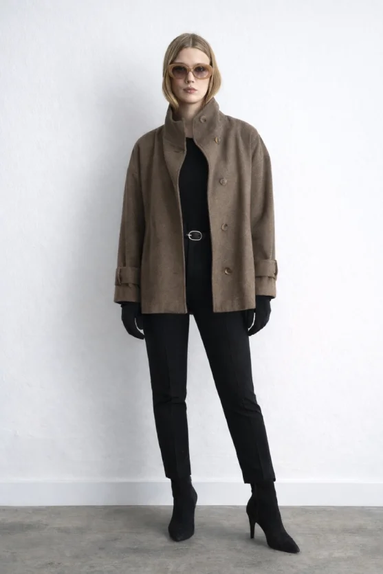 High Neck Wool Coat - Beige - Gusto
