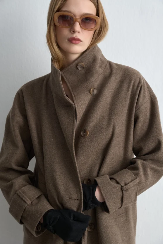 High Neck Wool Coat Beige - 2