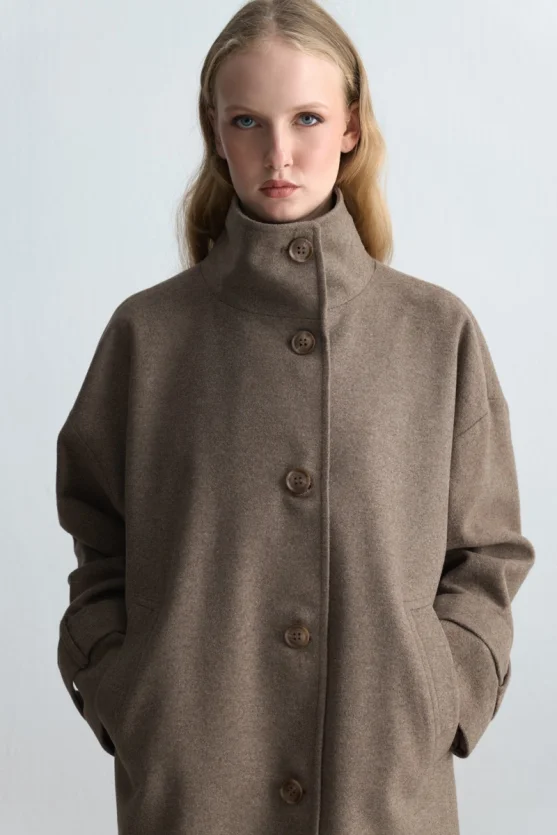 High Neck Wool Coat Beige - Gusto