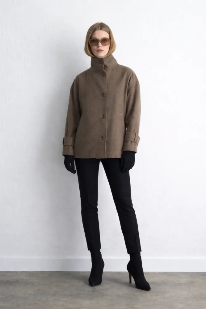 High Neck Wool Coat Beige Mink