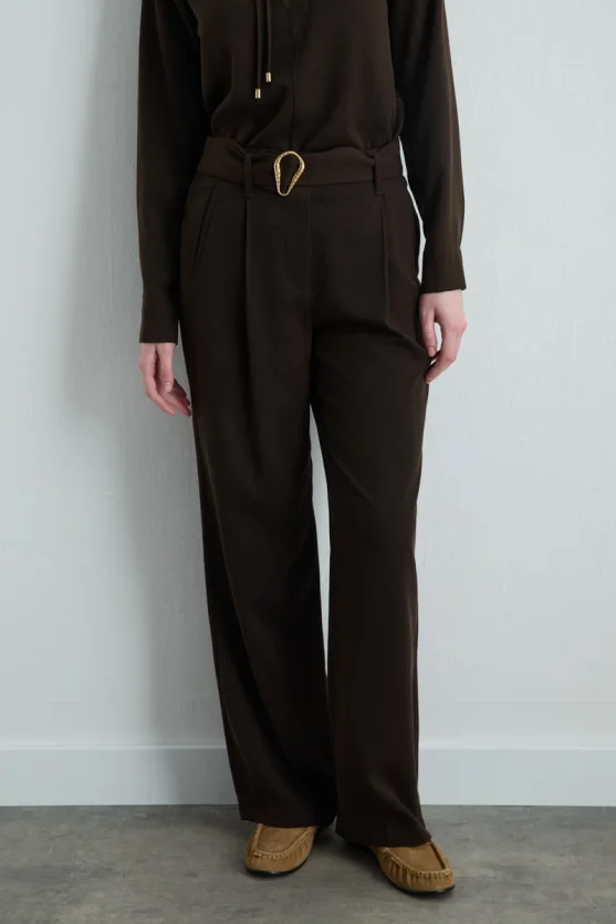 High Waist Belted Lyocell Pants Brown - 2