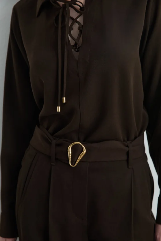 High Waist Belted Lyocell Pants Brown - 4