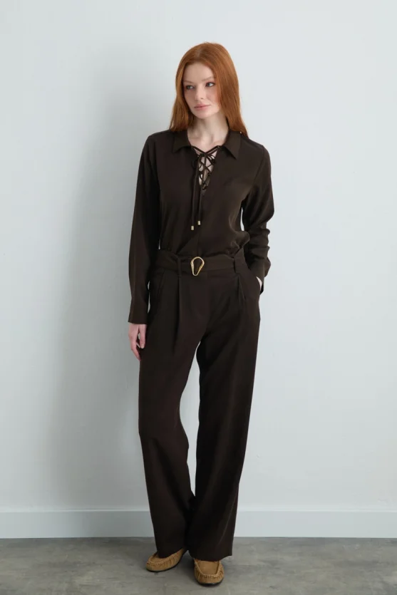High Waist Belted Lyocell Pants Brown - Gusto