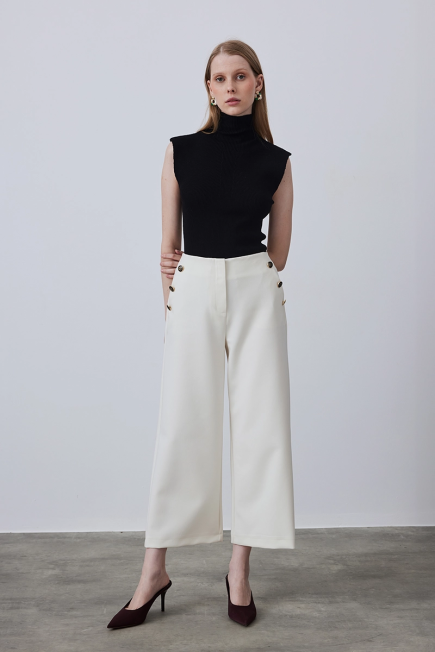 High Waist Buttoned Pants - Ecru - Gusto