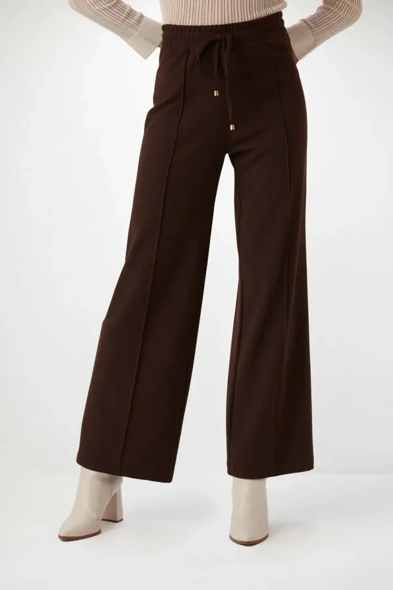 High Waist Fabric Pants with Elastic Waistband - Coffee - 1
