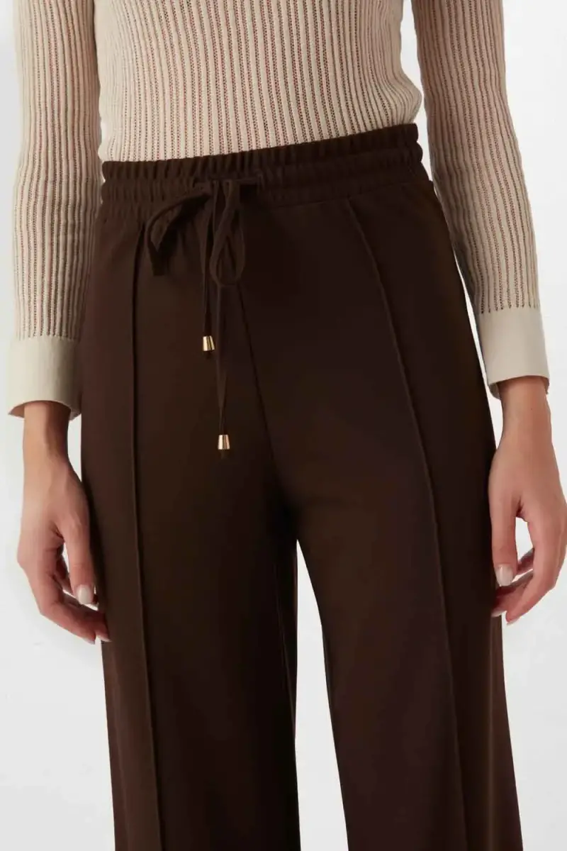 High Waist Fabric Pants with Elastic Waistband - Coffee - 4