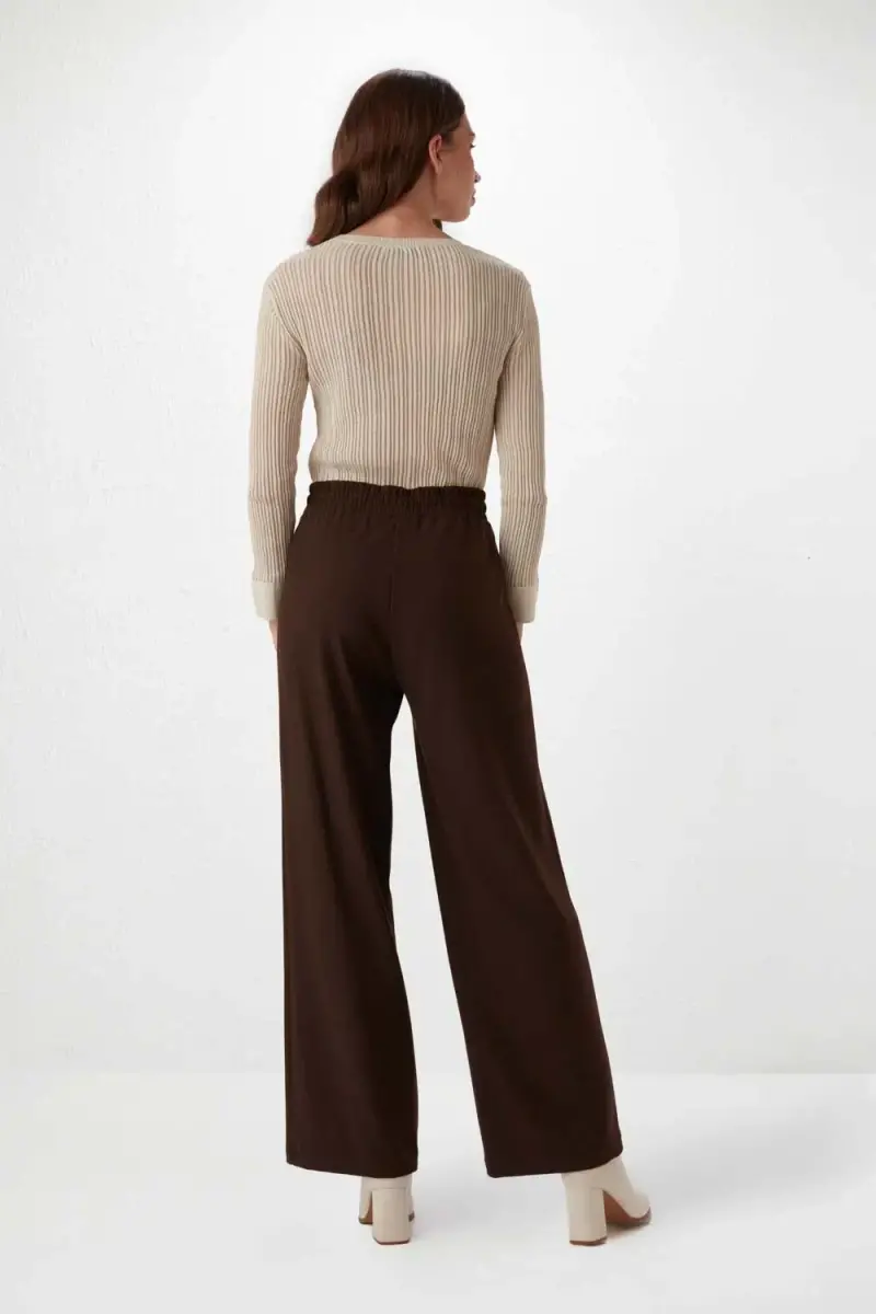 High Waist Fabric Pants with Elastic Waistband - Coffee - 5