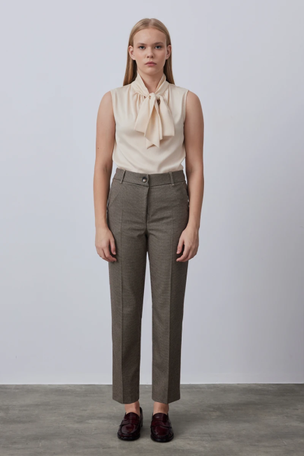 High Waist Mini Houndstooth Pants - Brown Kahverengi