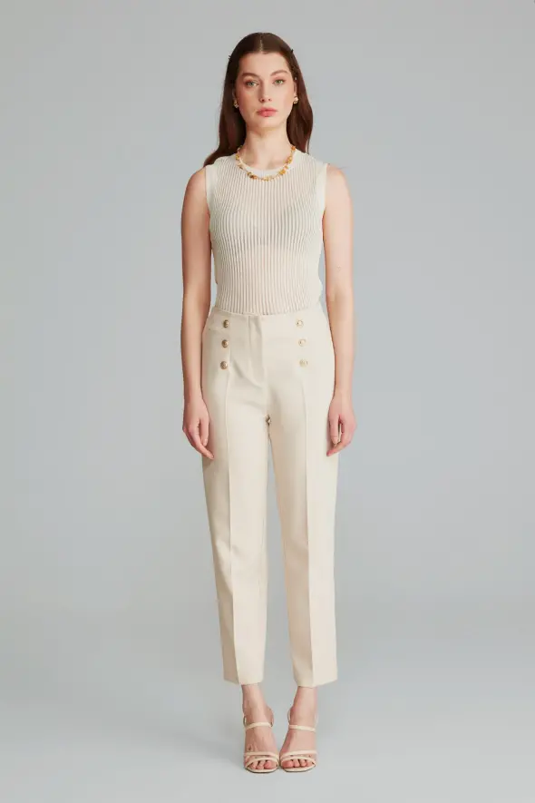 High Waist Pants with Gold Buttons -Beige - 3