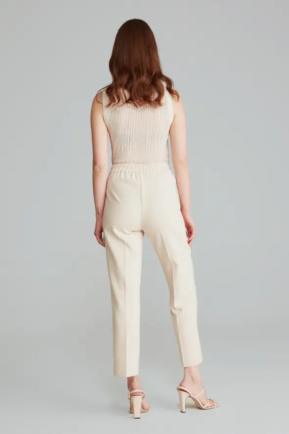 High Waist Pants with Gold Buttons -Beige - 6