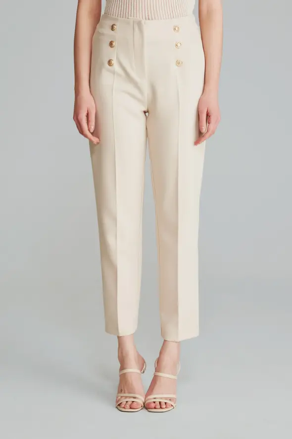 High Waist Pants with Gold Buttons -Beige - 1