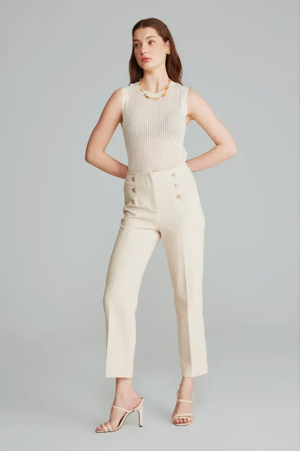 High Waist Pants with Gold Buttons -Beige - 2