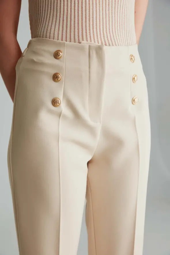 High Waist Pants with Gold Buttons -Beige - 5
