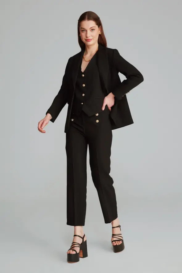 High Waist Pants with Gold Buttons -Black - 2