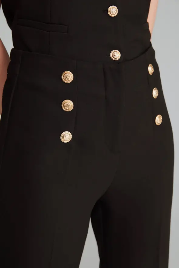 High Waist Pants with Gold Buttons -Black - 5