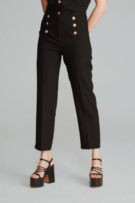 High Waist Pants with Gold Buttons -Black Black