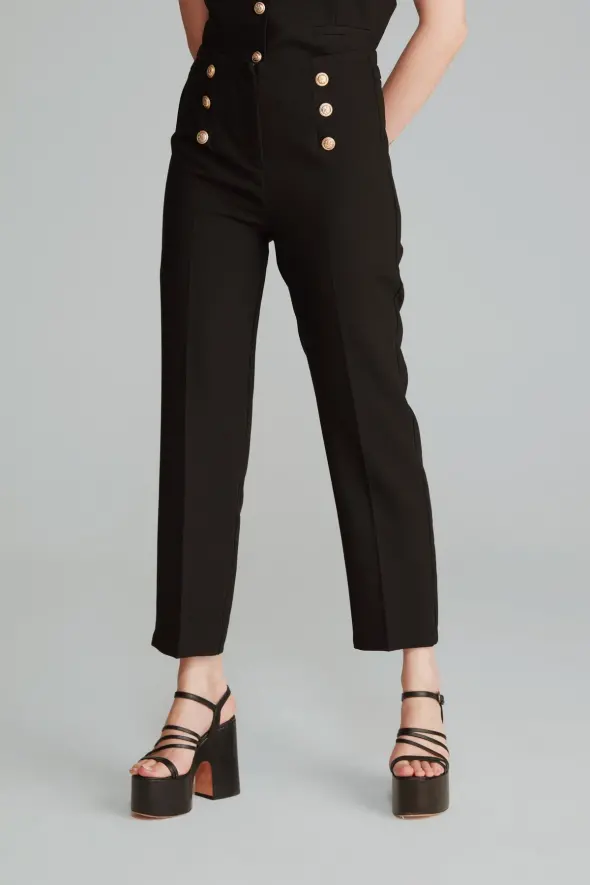 High Waist Pants with Gold Buttons -Black - 1
