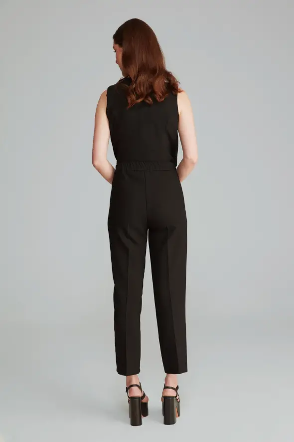 High Waist Pants with Gold Buttons -Black - 6