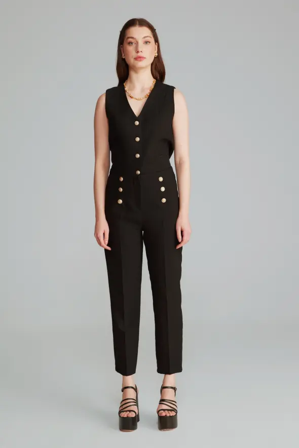 High Waist Pants with Gold Buttons -Black - 4