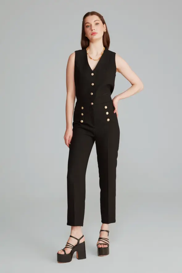 High Waist Pants with Gold Buttons -Black - 3