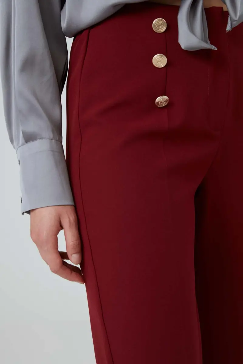 High Waist Pants with Gold Buttons - Burgundy