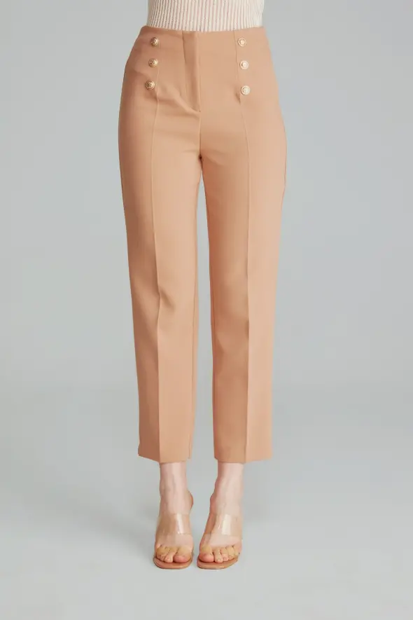 High Waist Pants with Gold Buttons -Camel - 1