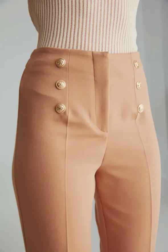 High Waist Pants with Gold Buttons -Camel - 4