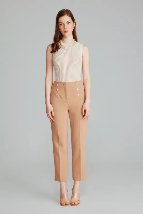 High Waist Pants with Gold Buttons -Camel - 2