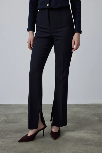 High Waist Pants with Slit - Navy Navy Blue