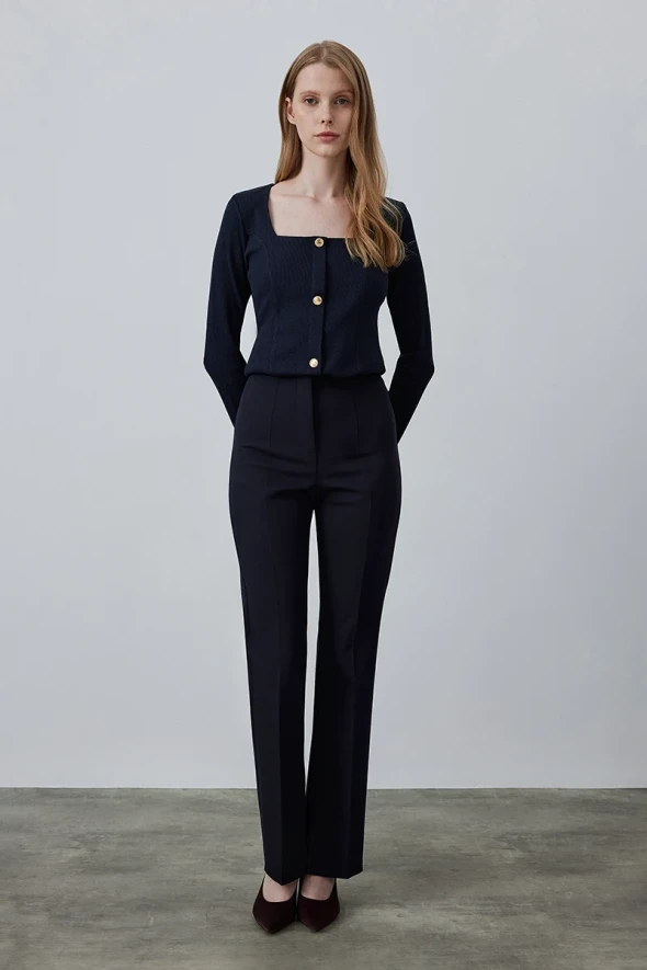 High Waist Pants with Slit - Navy - 3