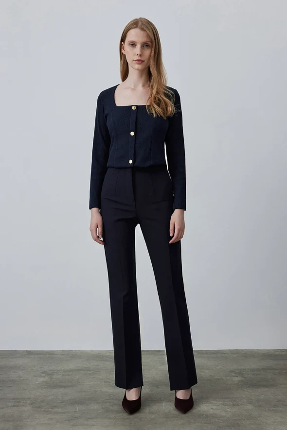 High Waist Pants with Slit - Navy - 4