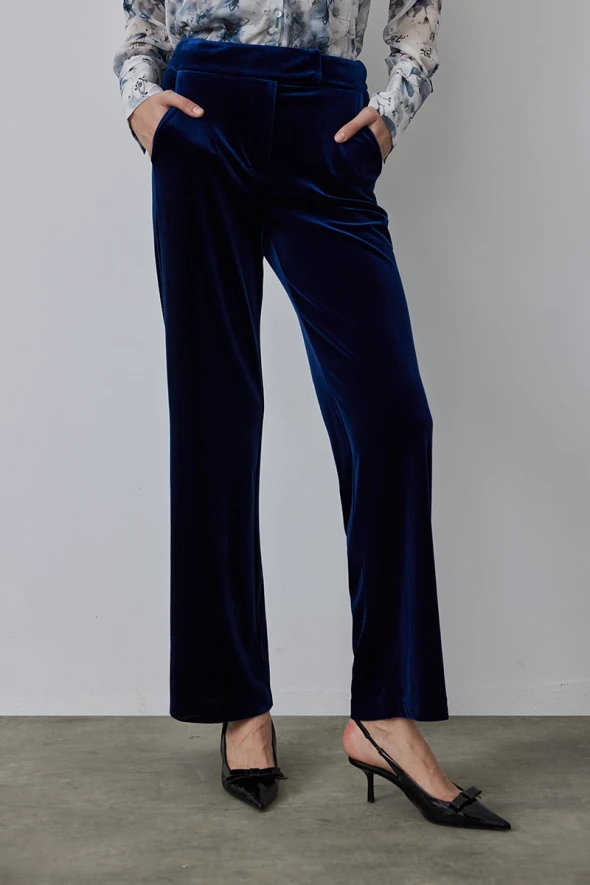 High Waist Velvet Pants - Navy Blue - 2