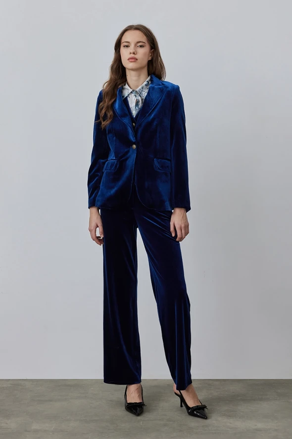 High Waist Velvet Pants - Navy Blue - 3