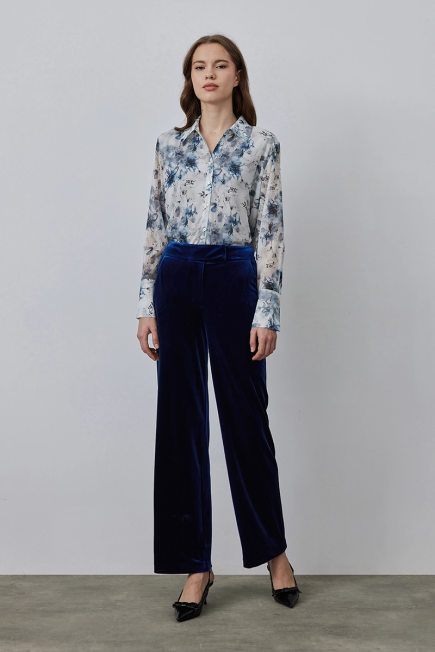 High Waist Velvet Pants - Navy Blue - Gusto