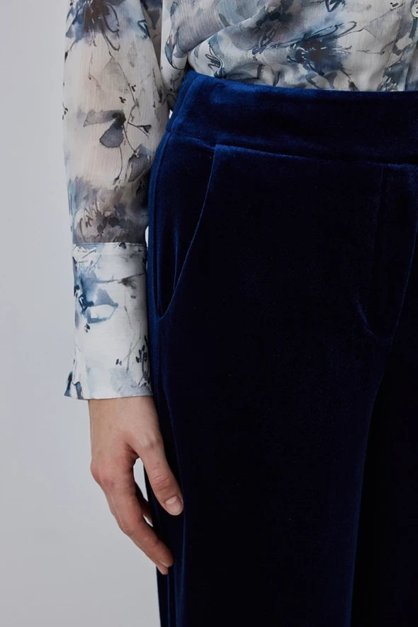 High Waist Velvet Pants - Navy Blue - 4