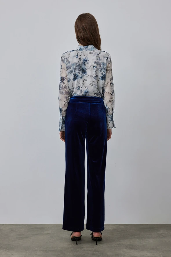 High Waist Velvet Pants - Navy Blue - 5